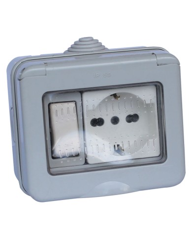 CONTENITORE ESTERNO INTERRUTTORE + PRESA SCHUKO 1 deviatore + 1 presa bivalente 10 16A schuko