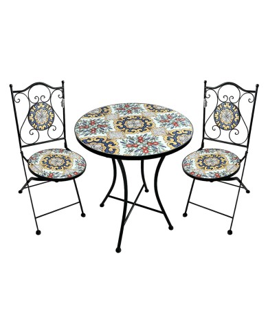 SET TAVOLO MOSAICO DA ESTERNO FIORARTE Ø cm 60 x h.75 (tavolo) - cm 38 x h. 46-92 (sedie)